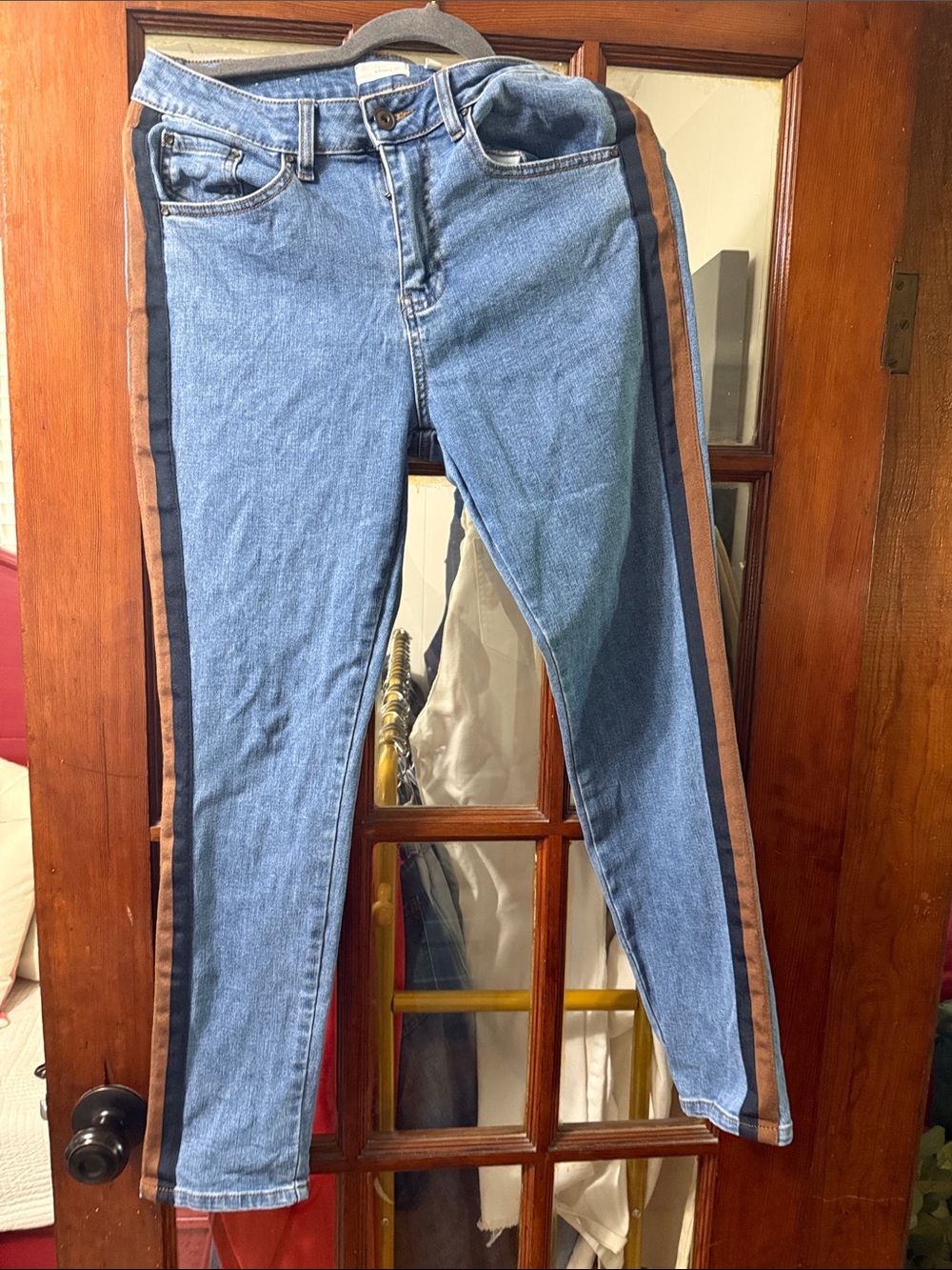 Mid-Rise Blue Skinny Jeans with Brown & Black Side Stripes